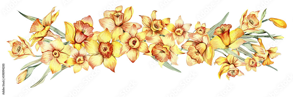 Watercolor horizontal seamless background with narcissus. Flowers in cartoon style. Hand drawn illustration of summer. Perfect for scrapbooking, kids design, wedding invitation, greetings cards.