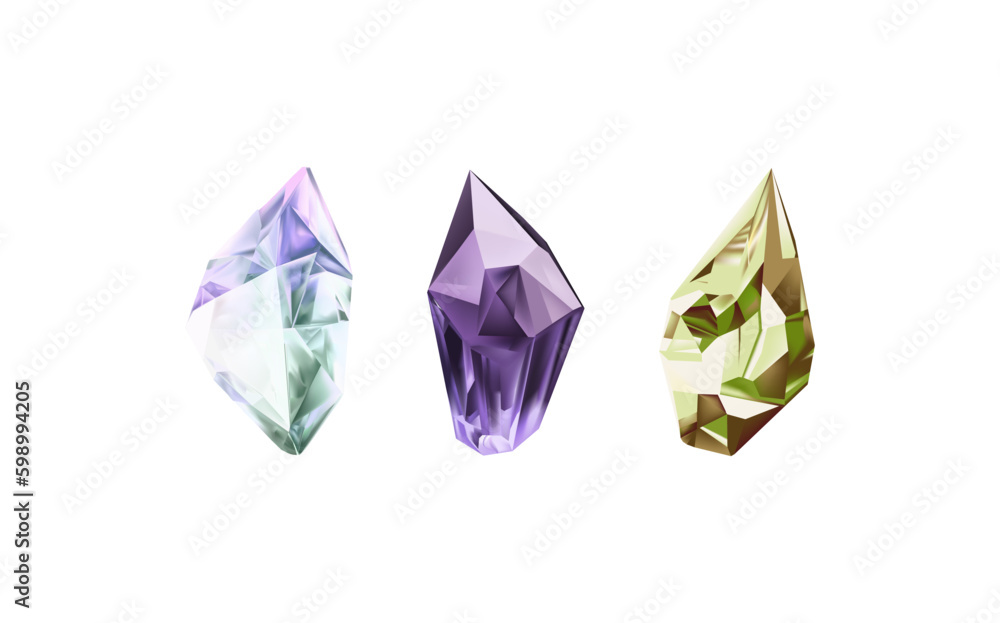 A collection of images of diamonds of various geometric shapes, colors and sizes.Glass shiny crystals with different shades reflecting light.Vector realistic set of glow gemstone or colorful ice. A collection of images of diamonds of various geometric shapes, colors and sizes.Glass shiny crystals with different shades reflecting light.Vector realistic set of glow gemstone or colorful ice.