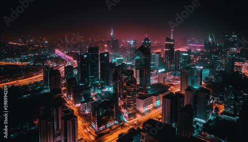 Illuminated city skyline  modern architecture  bustling nightlife generative AI