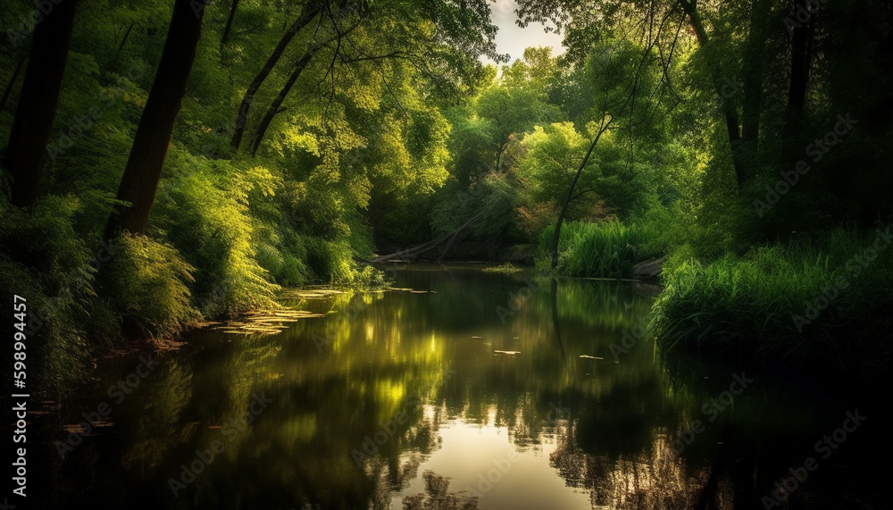 Tranquil scene of green forest reflects in pond generative AI Tranquil scene of green forest reflects in pond generative AI