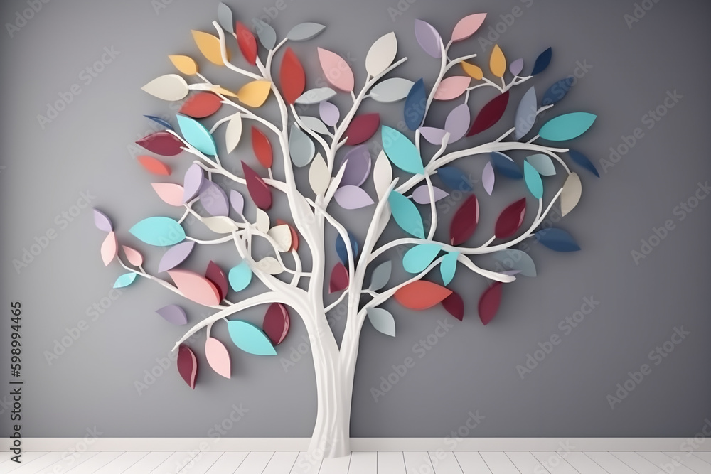 a 3D abstract wallpaper design that features a colorful tree with hanging branches and multicolored leaves, perfect for interior mural wall art decor. a 3D abstract wallpaper design that features a colorful tree with hanging branches and multicolored leaves, perfect for interior mural wall art decor.