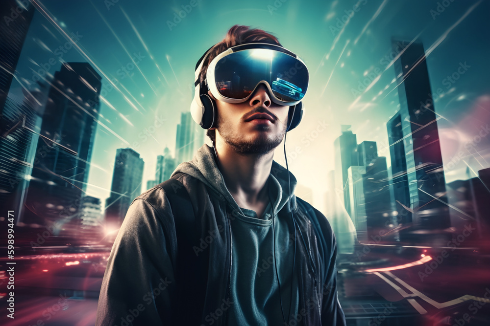  a man wearing futuristic VR glasses, immersed in a virtual metaverse.