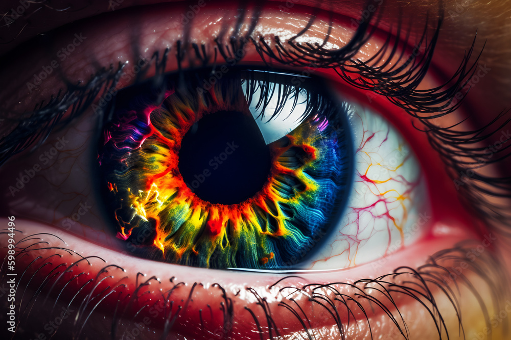 a close-up or macro view of the multicolor eye of the person. wide open pupil. 