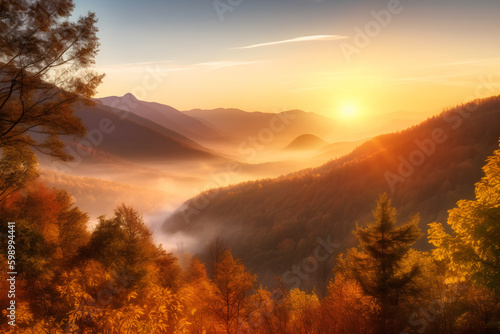 a serene mountain landscape at sunset. The sky is a gradient of oranges and pinks, and the sun is just about to dip below the horizon.