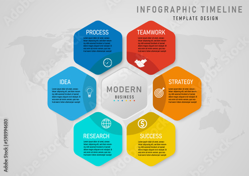 infographic template 6 step business planning to success multi colored hexagon White icon in the center with buttons and a map below. Gray gradient background design for marketing, finance, product.