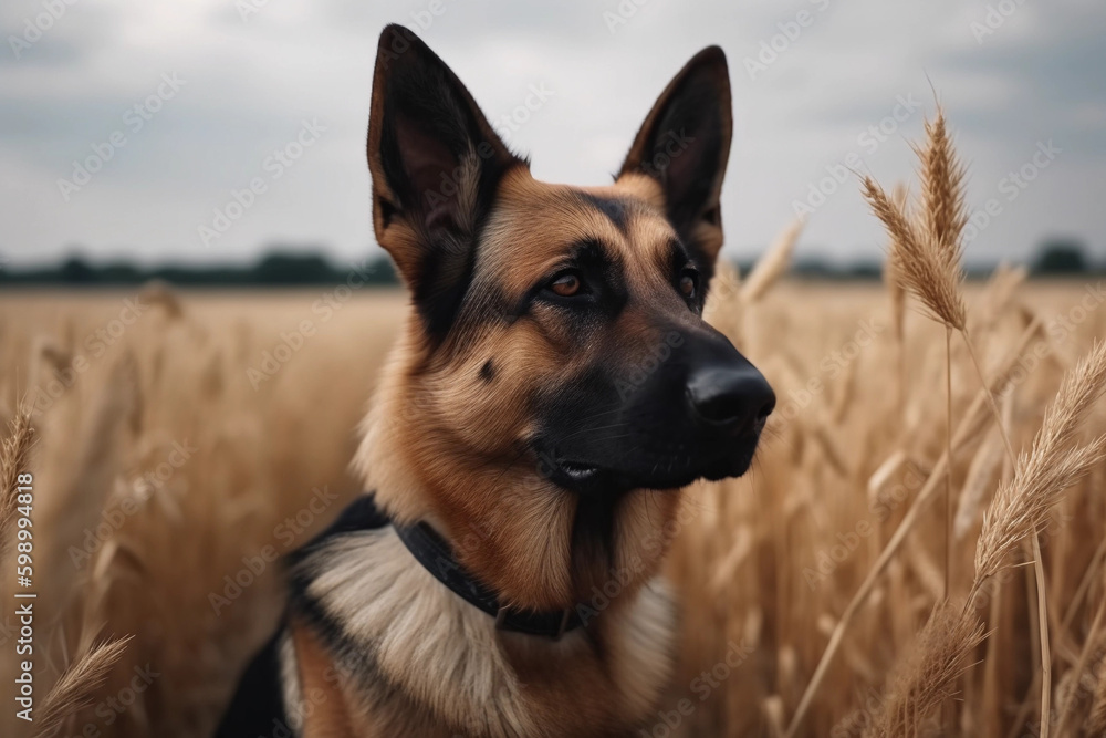 German shepherd. Portrait of a german shepherd dog. generative ai. Dog portrait, yellow grain field background
