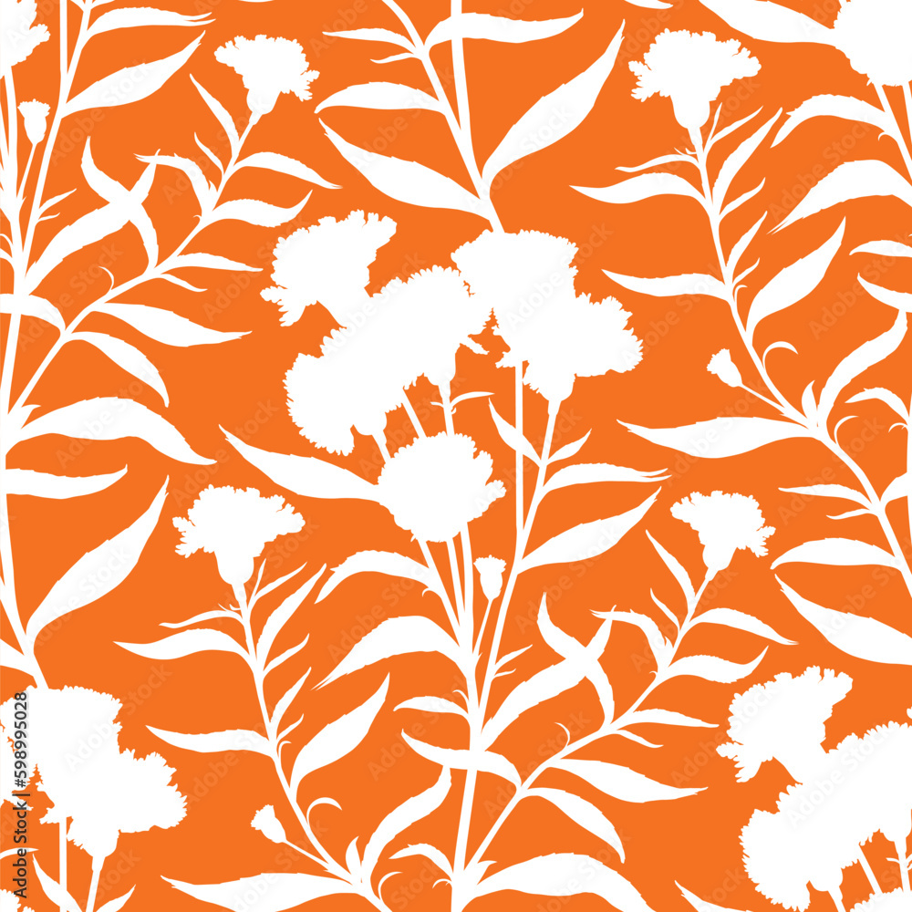 Silhouettes of blooming carnation flowers. Elegant seamless botanical pattern with outlined white spring flowers on an orange background. Graphic textile texture in vintage style. Vector illustration.