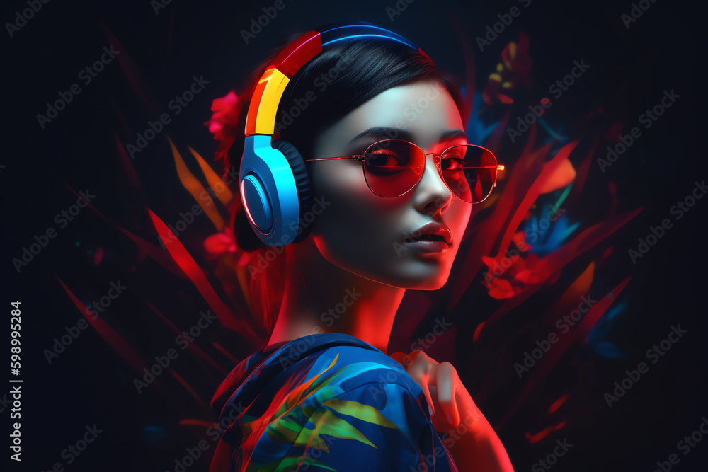 Attractive girl clubbing at the hot summer dance party. Neon light. generative ai.Palm trees on background. Vacation nightlife