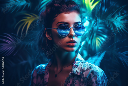Attractive girl clubbing at the hot summer dance party. Neon light. generative ai.Palm trees on background. Vacation nightlife