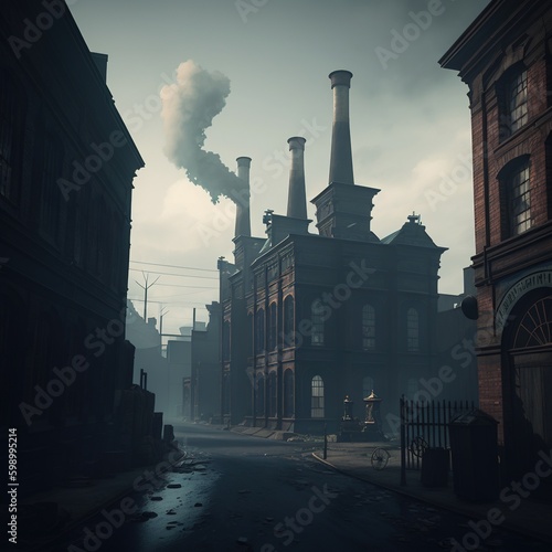 A dark Victorian industrial district, Coal fog, wet and dirty street, Peaky Blinders style