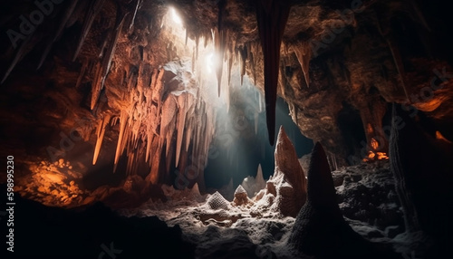 Majestic mountain adventure exploring underground stalactites generative AI