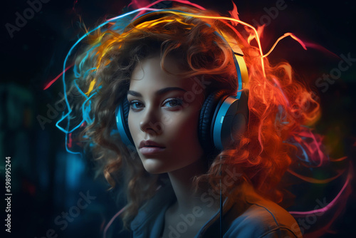 Attractive girl clubbing at the hot summer dance party. Neon light. generative ai.Palm trees on background. Vacation nightlife
