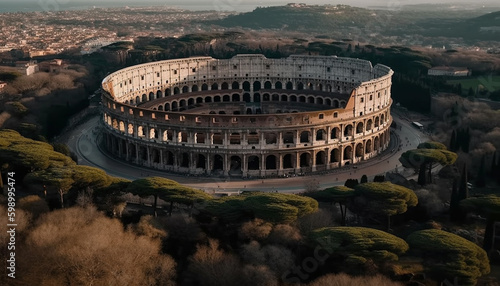 Ancient ruins of Rome Forum illuminated at dusk generative AI