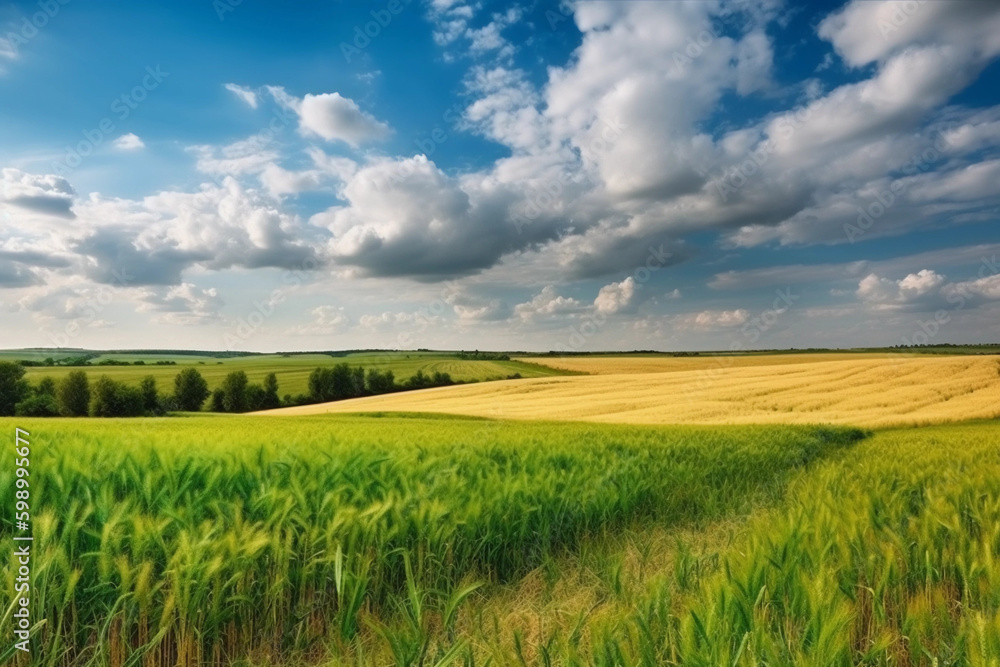 Fototapeta premium Panoramic natural landscape with green grass blue sky with clouds and curved horizon line. generative ai, Colorful summer panorama of combination of yellow and green fields.