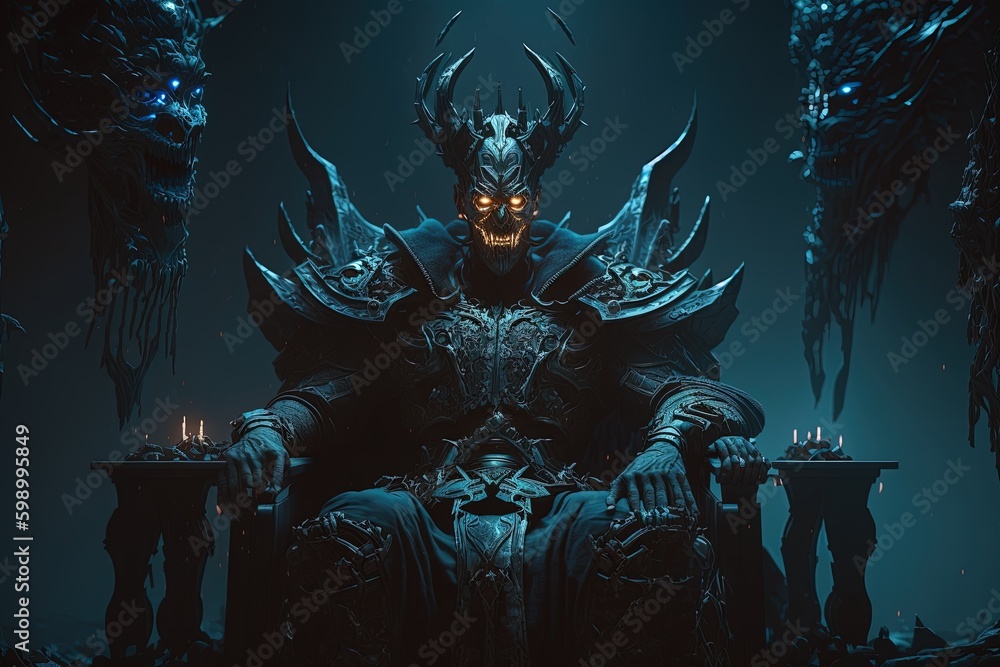 An eerie dark fantasy throne room with a dark lich lord siting at the