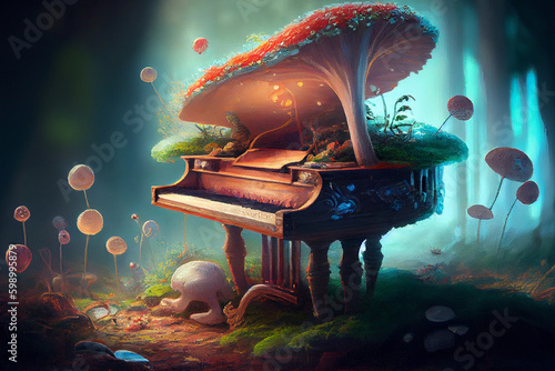 Vintage fantasy piano of unique design with giant mushroom, generative ai illustration photo