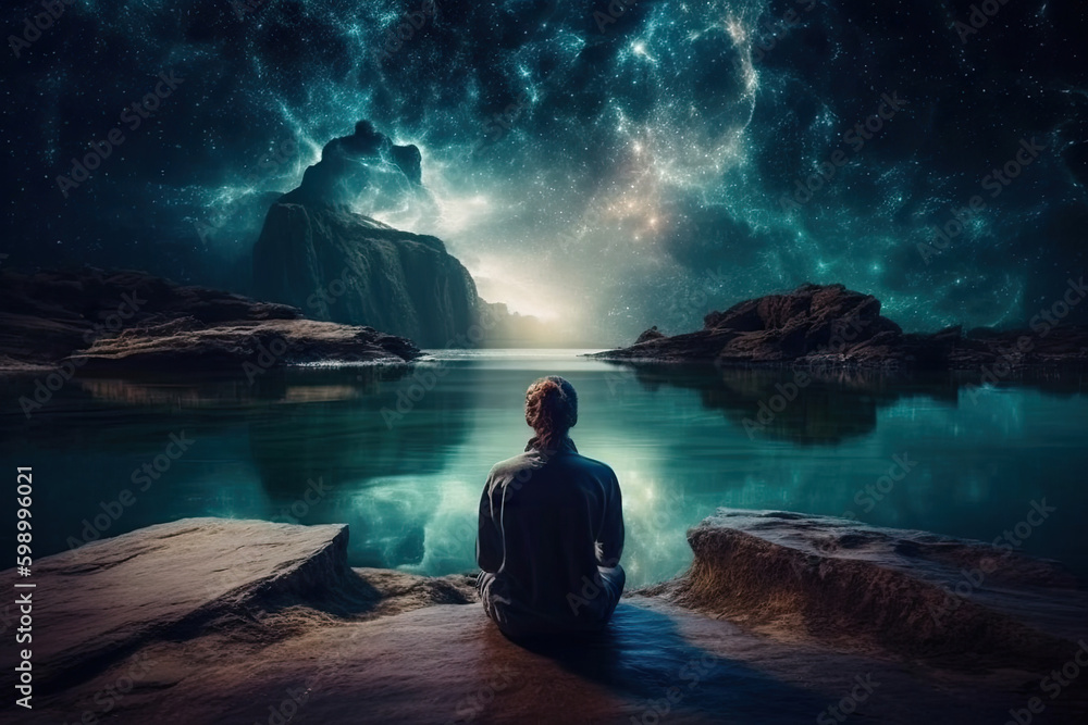 A Person Experiencing Surreal Meditation Journey in a Dreamlike Landscape, Psychic Waves Trend, Generative AI A Person Experiencing Surreal Meditation Journey in a Dreamlike Landscape, Psychic Waves Trend, Generative AI
