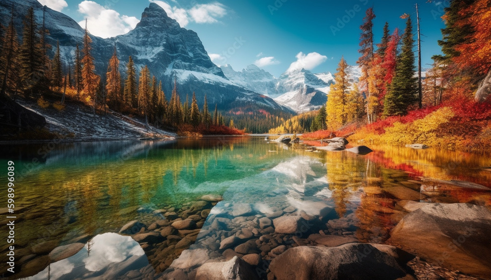 Majestic mountain range reflects tranquil autumn beauty generative AI