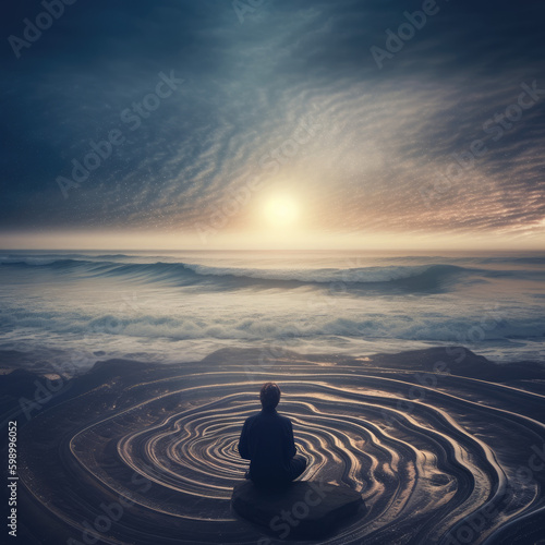 A Person Experiencing Surreal Meditation Journey in a Dreamlike Landscape, Psychic Waves Trend, Generative AI