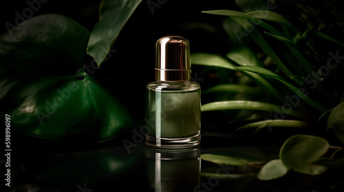 a cosmetic Mockup product among green plants in minimalist light  gerenative AI
