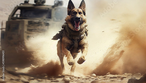 Foto War dog fighting and running with battle tanks in full battle in the desert