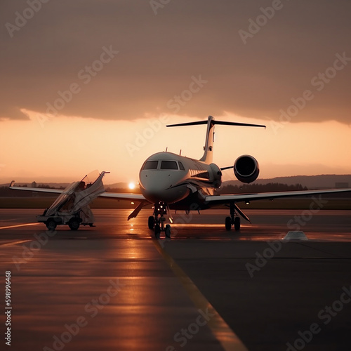A sleek luxurious private jet sitting on a runway, its engines roaring to life, generative AI © Stockerl