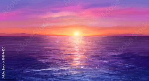 Beautiful wide format background image of marine nature at sunset on a summer day with original purple tinting. generative ai. calm sea