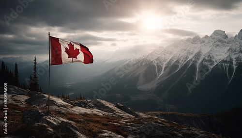 Majestic mountain range, tranquil scene, Canadian flag generative AI