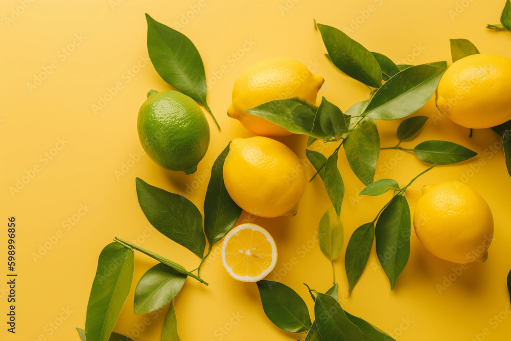 Ripe juicy lemons, orange and green leaves on bright yellow background. Lemon fruit, citrus minimal concept, vitamin C. generative ai, Creative summer minimalistic background. Flat lay, copy space