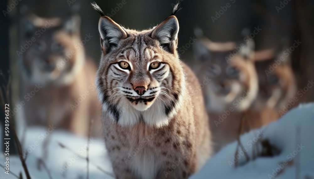 Majestic bobcat staring, focused on winter prey generative AI