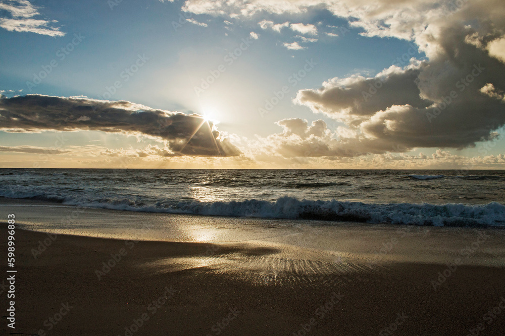 Golden sunset on the beach, Atlantic coast of Portugal