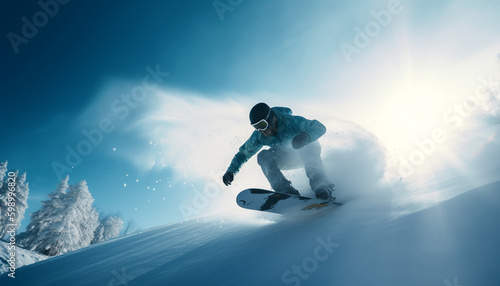 Men snowboard extreme, jumping mountain stunt adventure generative AI