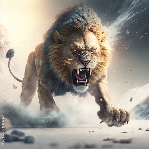A aggressive lion attacking, tattoo, White background watecolour photo