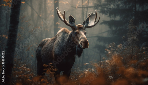 Horned stag grazes in tranquil autumn meadow generative AI © Jeronimo Ramos