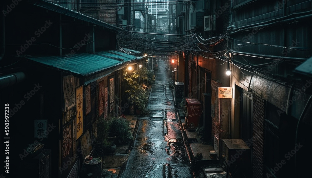 Fototapeta premium Spooky old architecture, dark and abandoned streets generative AI