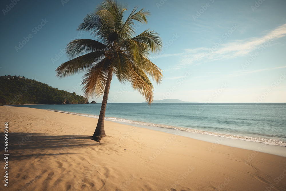 Beautiful natural tropical landscape, generative ai, beach with white sand and Palm tree leaned over calm wave. Turquoise ocean on background blue sky with clouds on sunny summer day
