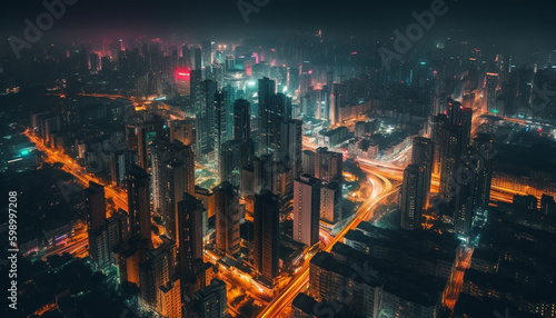 Glowing skyscrapers illuminate the modern city skyline at dusk generative AI