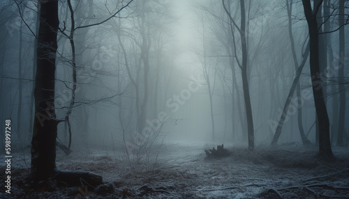 Spooky silhouette walks through foggy forest trail generative AI