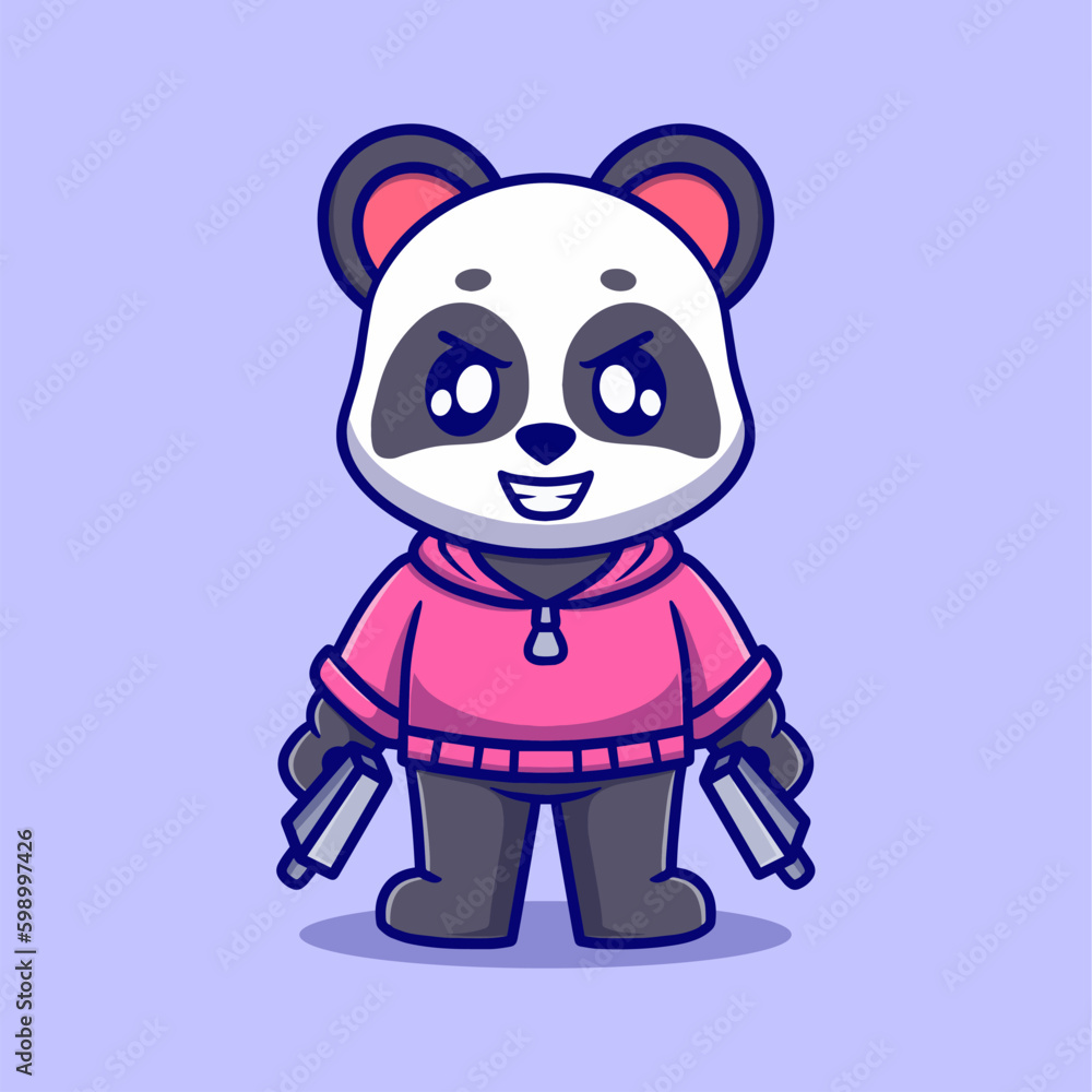 Fototapeta premium Cute panda Holding Gun Pistol Cartoon Vector Icon Illustration. Animal Holiday Icon Concept Isolated Premium Vector. Flat Cartoon Style
