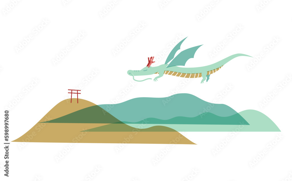 空を飛ぶ龍と山々の風景　年賀状素材