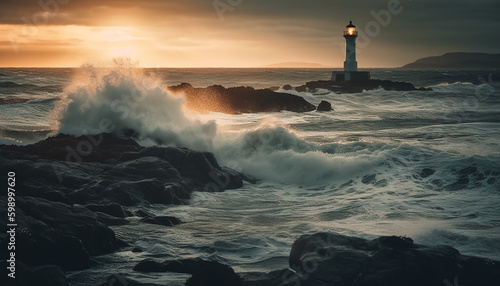 Sunset over tranquil seascape, waves splashing rocks generative AI