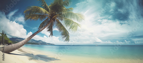 Beautiful natural tropical landscape  generative ai  beach with white sand and Palm tree leaned over calm wave. Turquoise ocean on background blue sky with clouds on sunny summer day