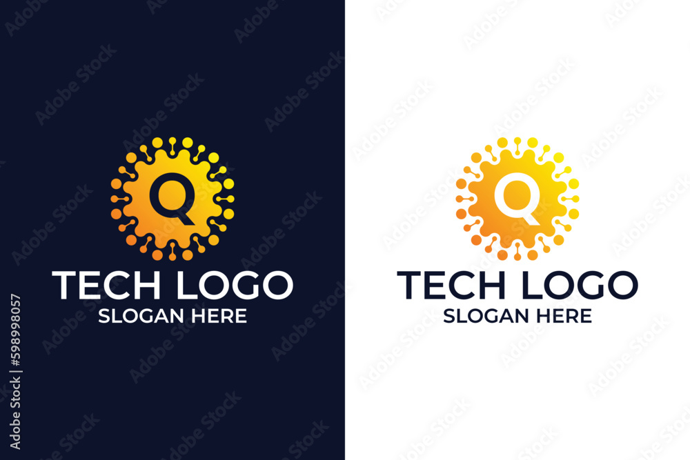 Fototapeta premium Smart and creative, dots or points letter Q logo design template. energy tech planet atom vector icon. Geometric dot circle science medicine sign