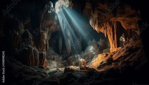 Majestic stalactites and stalagmites in underground grotto generative AI photo