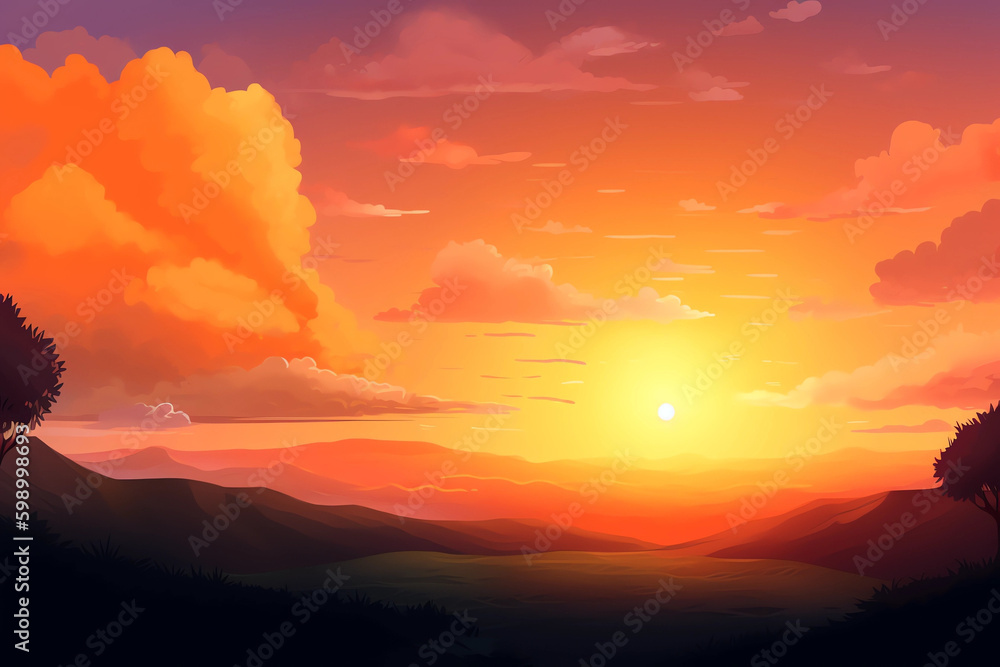 Beautiful painting natural background with blue sky and pink fluffy clouds at sunset. generative ai, Excellent cinematic lighting, pastel colors. red and orange palette colors