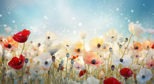 Beautiful spring colorful natural flower background, generative ai, with red yellow and white poppies on light blue background. 