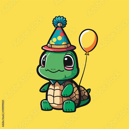 Cute mascot for a turtle wearing a cone hat and carrying a birthday balloon, with a flat cartoon design. Suitable for card, book, birthday design