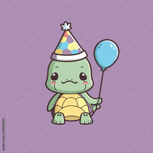 Cute mascot for a turtle wearing a cone hat and carrying a birthday balloon  with a flat cartoon design. Suitable for card  book  birthday design