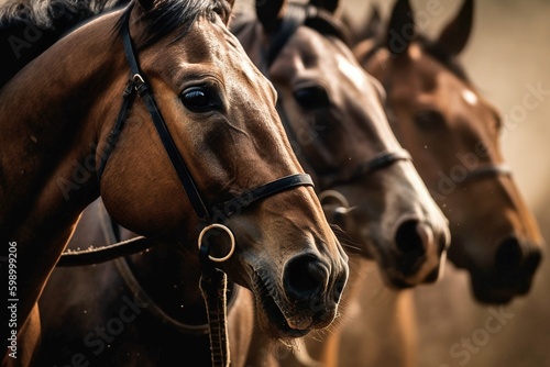Close-Up of Three Race Horses, Powerful Gallop, Dynamic Equestrian Athletes, Intense Track Action, Generative AI © Digital Dreamscape