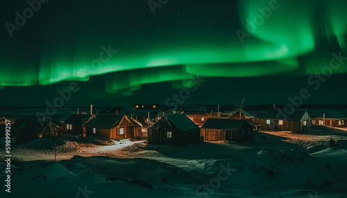 Illuminated arctic landscape, majestic mountain range, aurora polaris generated by AI
